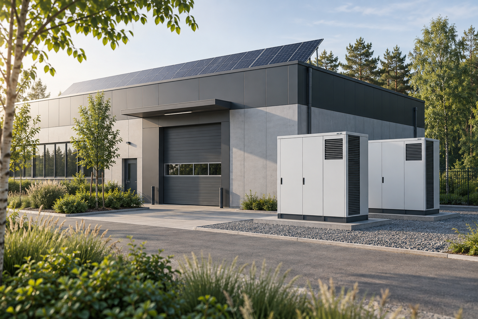 Wizualizacja magazynów energii przy obiekcie firmowym z fotowoltaiką